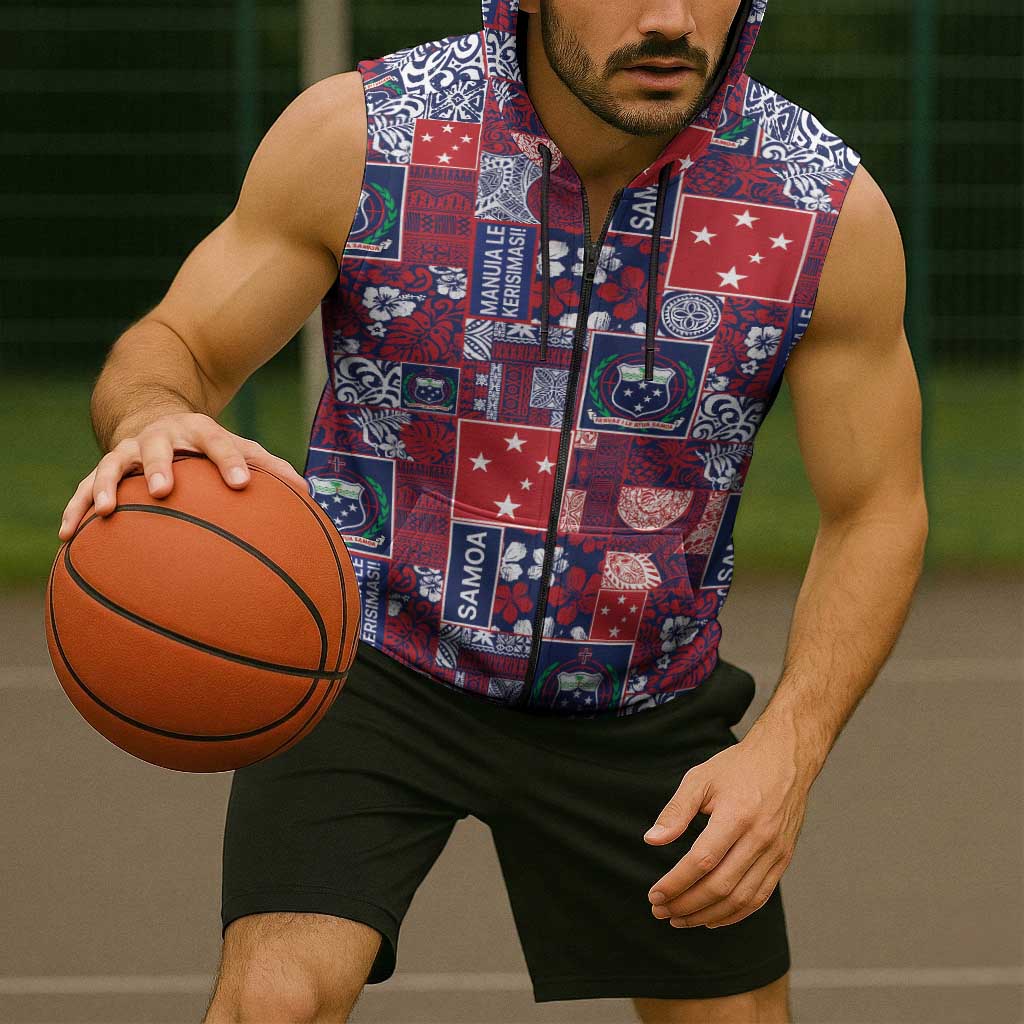 Red Samoa Manuia Le Kerisimasi Sleeveless Zip Hoodie Pacific Patchwork Xmas Vibes - Polynesian Pride