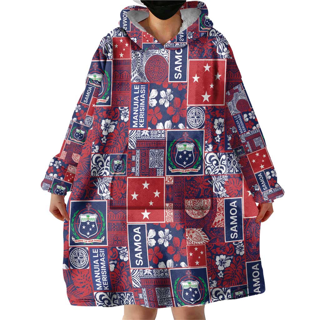 Red Samoa Manuia Le Kerisimasi Wearable Blanket Hoodie Pacific Patchwork Xmas Vibes LT9 - Polynesian Pride