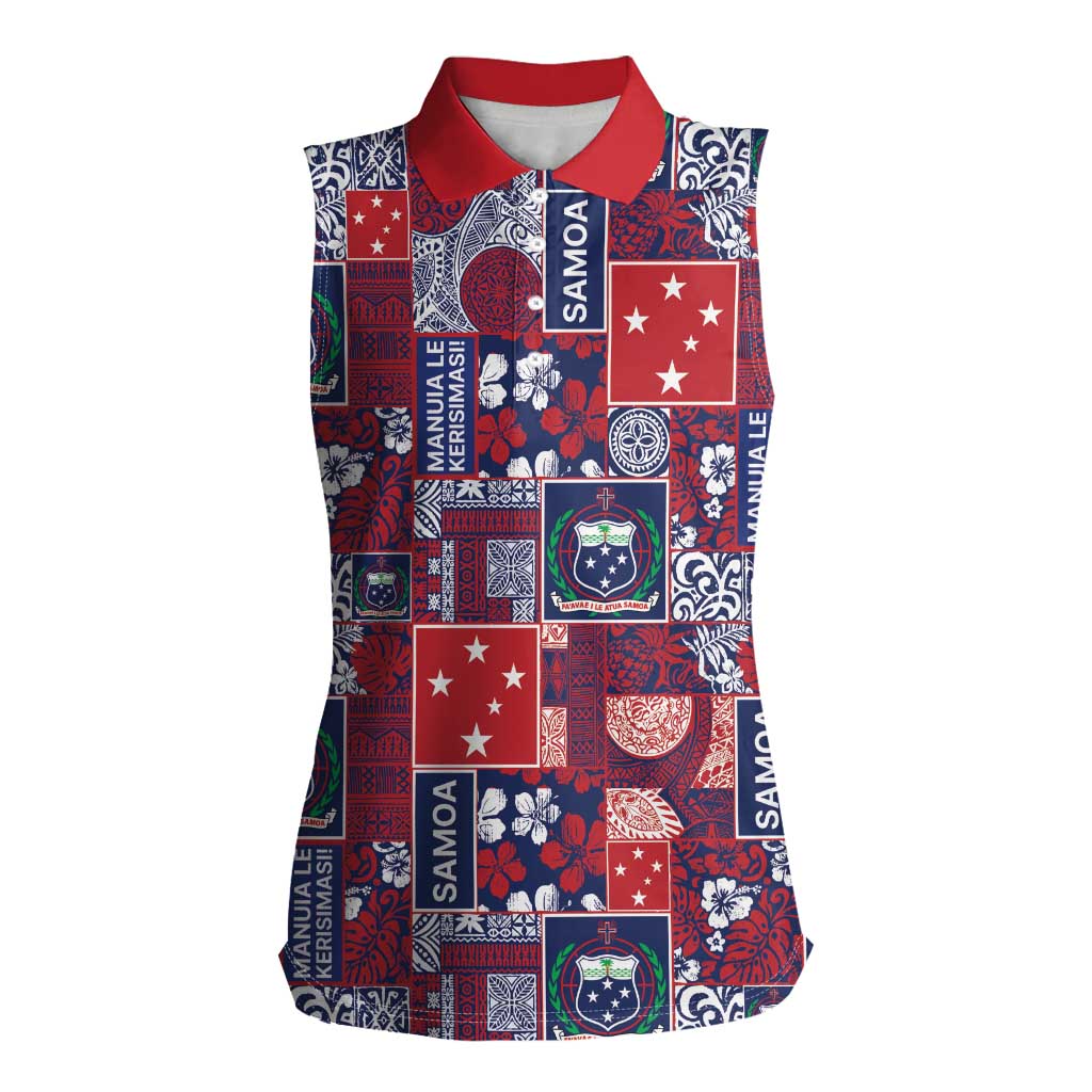 Red Samoa Manuia Le Kerisimasi Women Sleeveless Polo Shirt Pacific Patchwork Xmas Vibes LT9 Female Red - Polynesian Pride