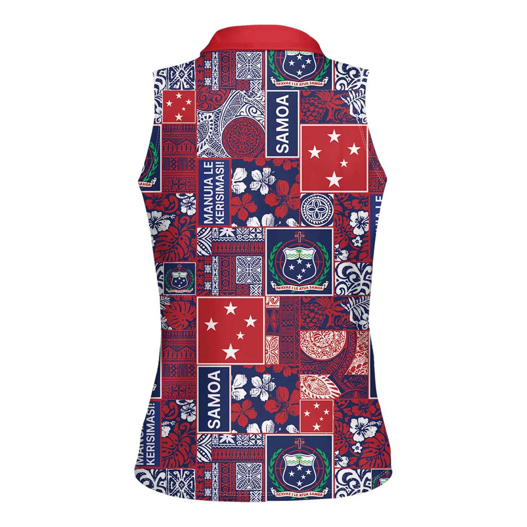Red Samoa Manuia Le Kerisimasi Women Sleeveless Polo Shirt Pacific Patchwork Xmas Vibes LT9 - Polynesian Pride