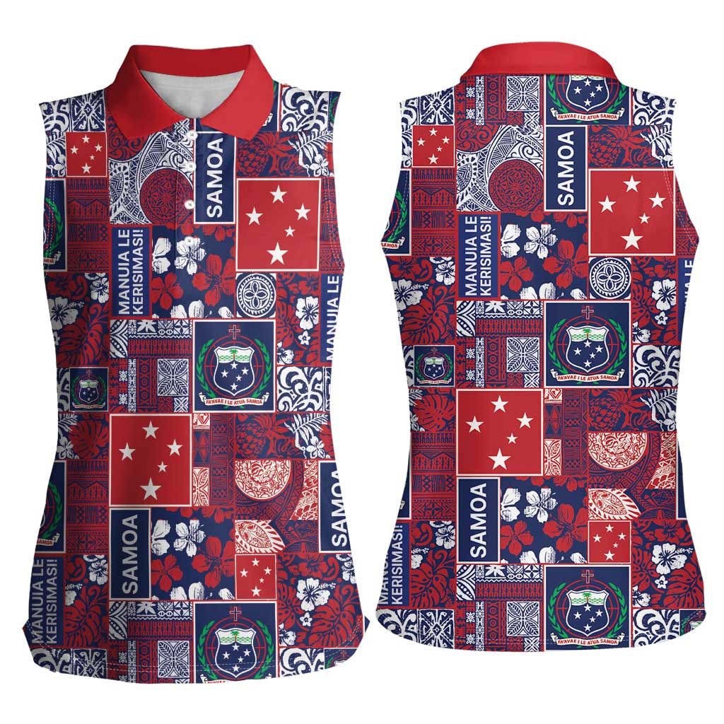 Red Samoa Manuia Le Kerisimasi Women Sleeveless Polo Shirt Pacific Patchwork Xmas Vibes LT9 - Polynesian Pride