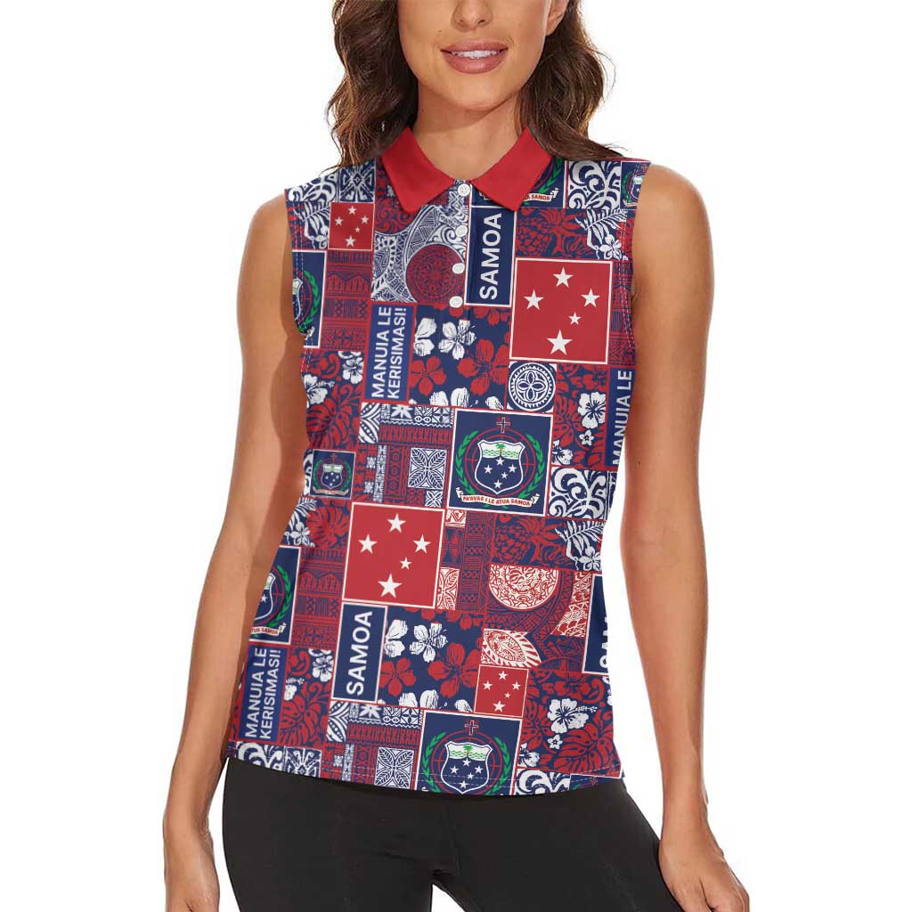 Red Samoa Manuia Le Kerisimasi Women Sleeveless Polo Shirt Pacific Patchwork Xmas Vibes LT9 - Polynesian Pride