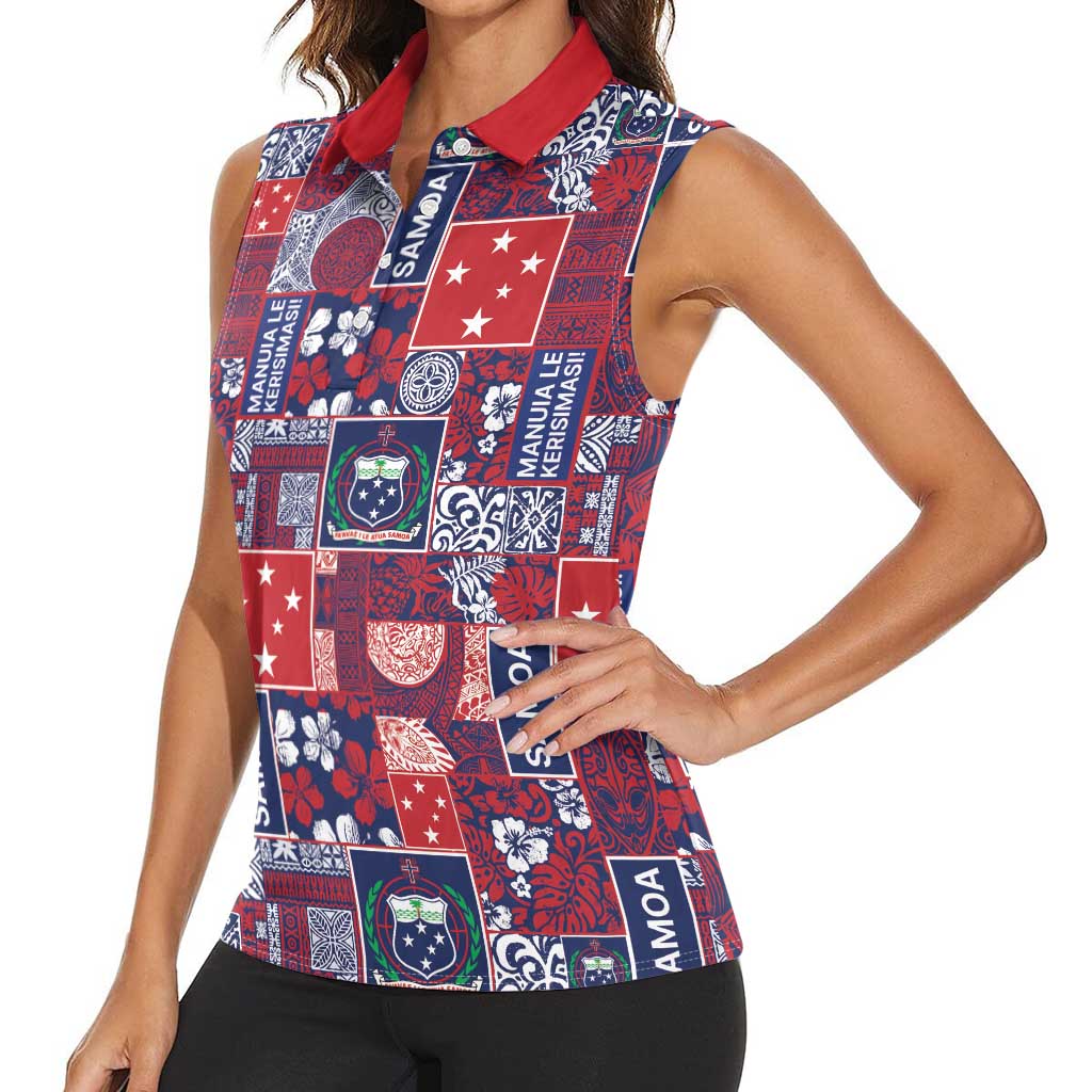 Red Samoa Manuia Le Kerisimasi Women Sleeveless Polo Shirt Pacific Patchwork Xmas Vibes LT9 - Polynesian Pride