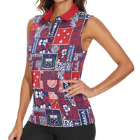 Red Samoa Manuia Le Kerisimasi Women Sleeveless Polo Shirt Pacific Patchwork Xmas Vibes LT9 - Polynesian Pride