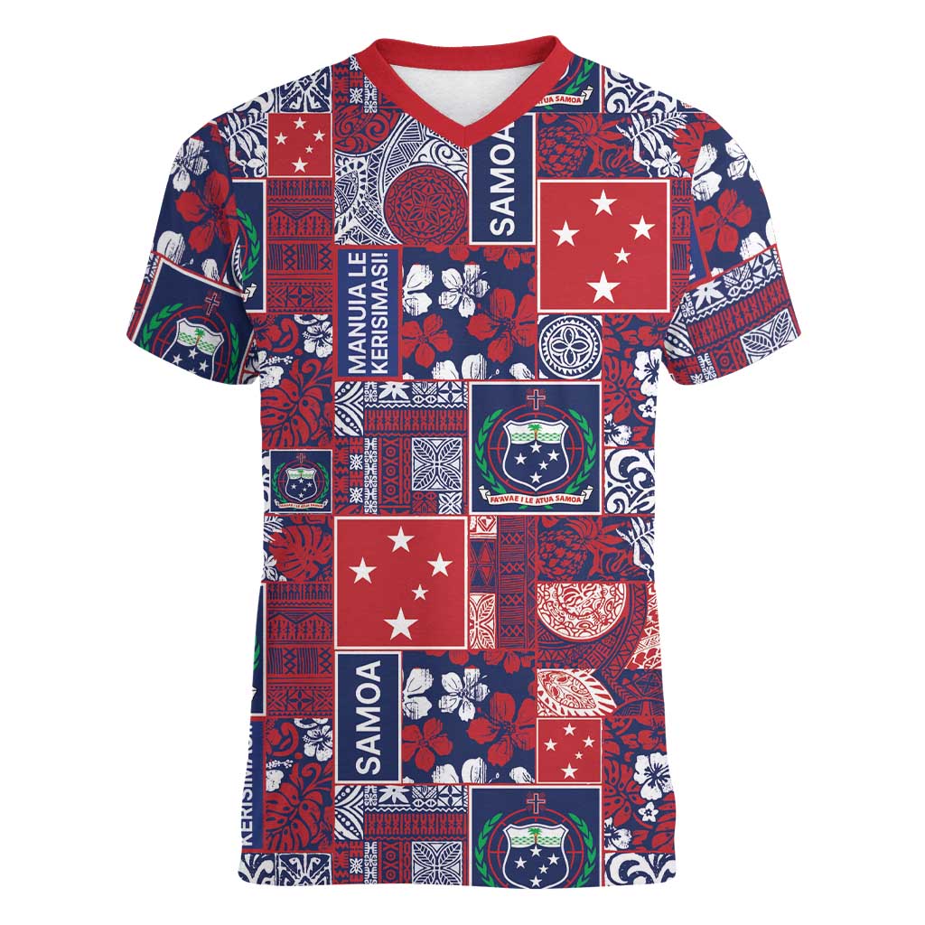 Red Samoa Manuia Le Kerisimasi Women V-Neck T-Shirt Pacific Patchwork Xmas Vibes LT9 Female Red - Polynesian Pride