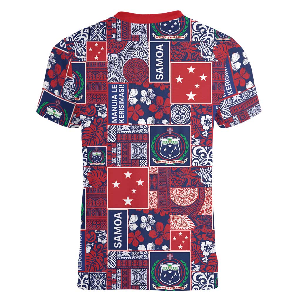 Red Samoa Manuia Le Kerisimasi Women V-Neck T-Shirt Pacific Patchwork Xmas Vibes LT9 - Polynesian Pride