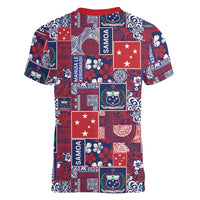 Red Samoa Manuia Le Kerisimasi Women V-Neck T-Shirt Pacific Patchwork Xmas Vibes LT9 - Polynesian Pride