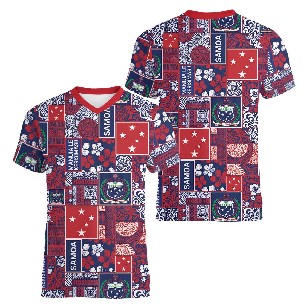 Red Samoa Manuia Le Kerisimasi Women V-Neck T-Shirt Pacific Patchwork Xmas Vibes LT9 - Polynesian Pride