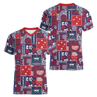 Red Samoa Manuia Le Kerisimasi Women V-Neck T-Shirt Pacific Patchwork Xmas Vibes LT9 - Polynesian Pride