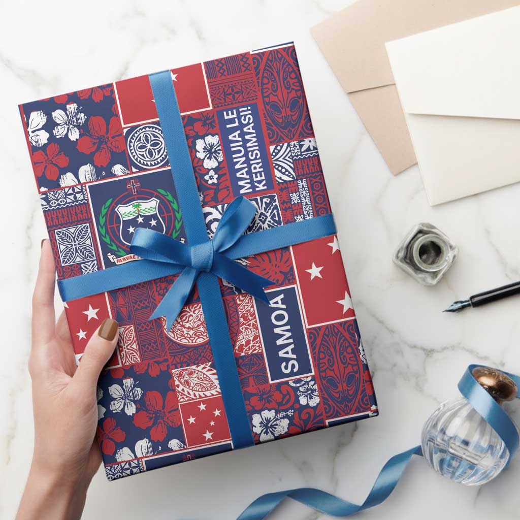 Red Samoa Manuia Le Kerisimasi Wrapping Paper Pacific Patchwork Xmas Vibes LT9 - Polynesian Pride