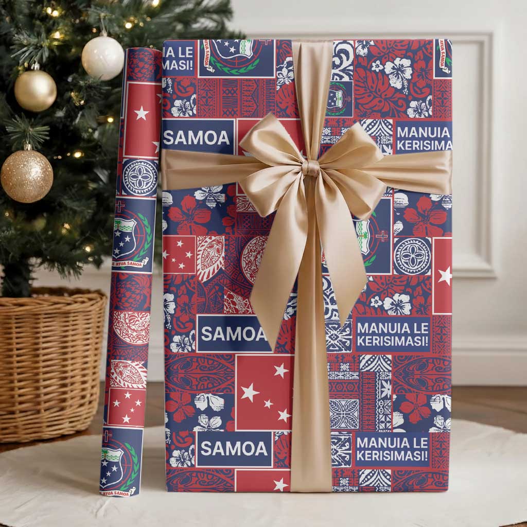 Red Samoa Manuia Le Kerisimasi Wrapping Paper Pacific Patchwork Xmas Vibes LT9 - Polynesian Pride
