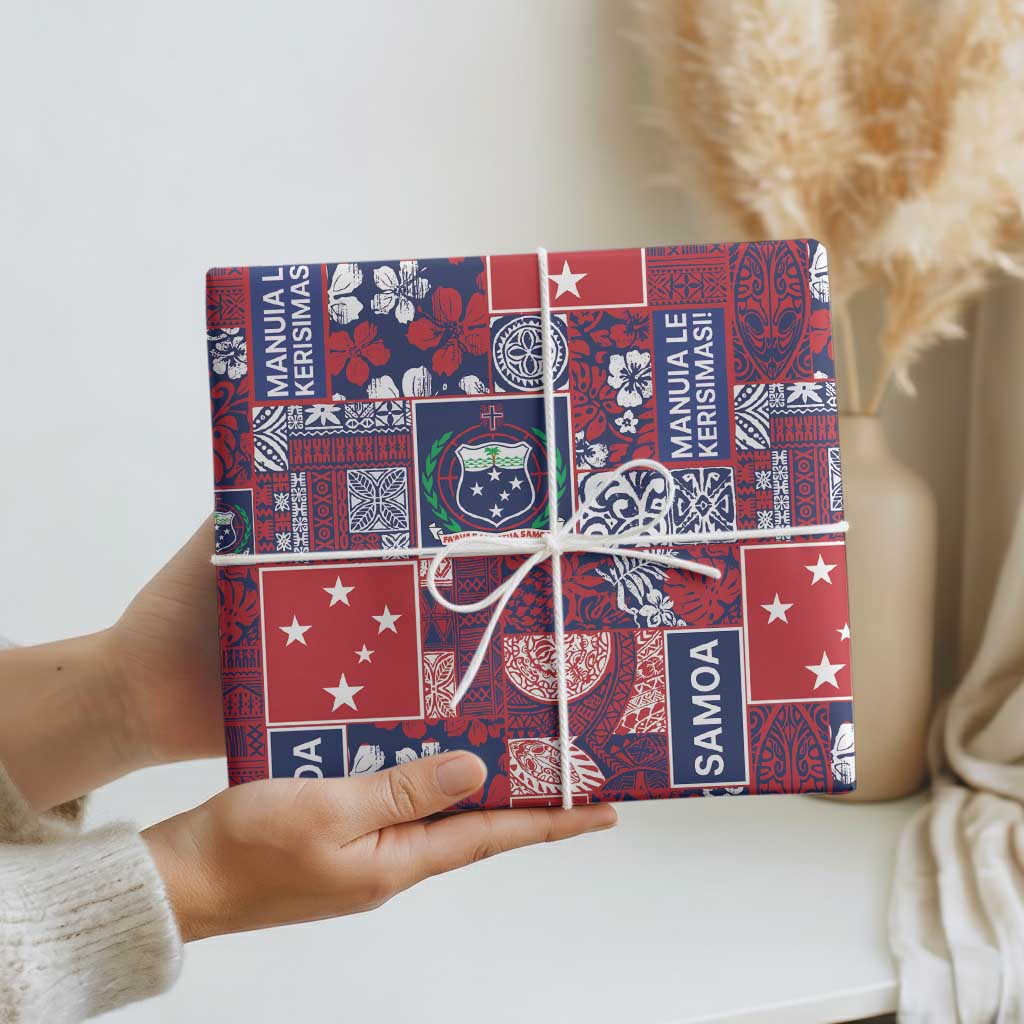 Red Samoa Manuia Le Kerisimasi Wrapping Paper Pacific Patchwork Xmas Vibes LT9 - Polynesian Pride