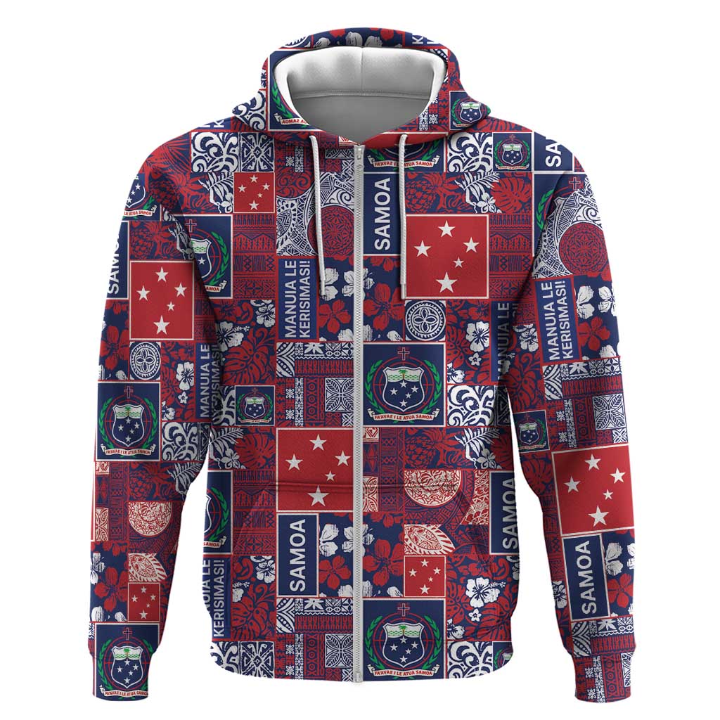 Red Samoa Manuia Le Kerisimasi Zip Hoodie Pacific Patchwork Xmas Vibes LT9 Zip Hoodie Red - Polynesian Pride