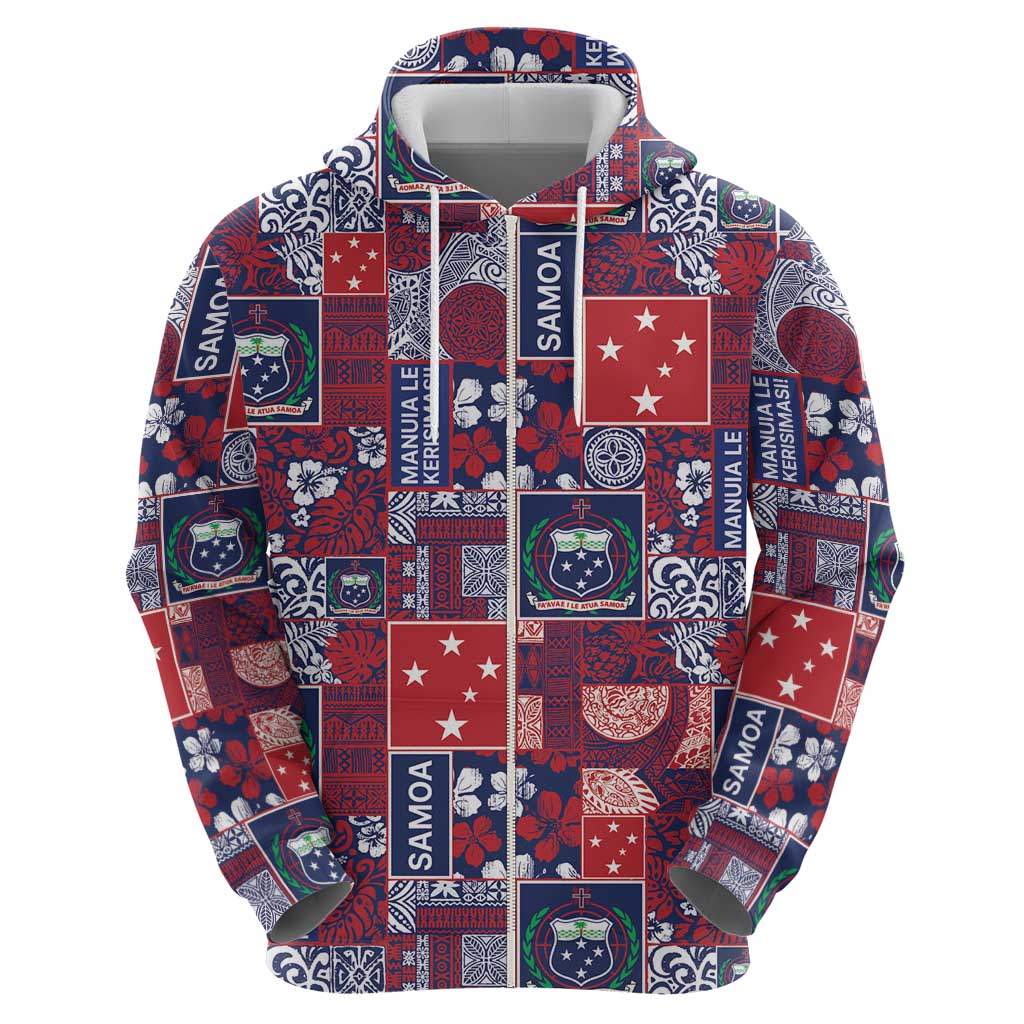 Red Samoa Manuia Le Kerisimasi Zip Hoodie Pacific Patchwork Xmas Vibes LT9 - Polynesian Pride