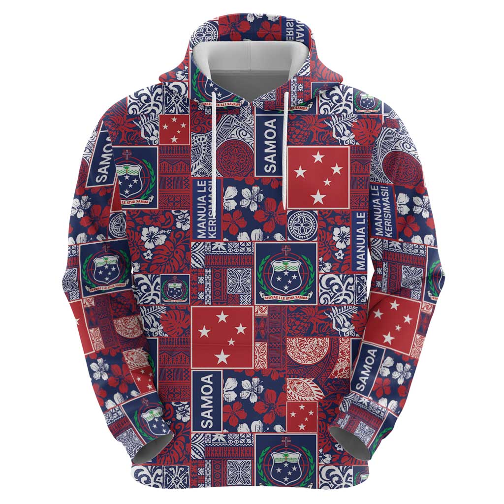 Red Samoa Manuia Le Kerisimasi Zip Hoodie Pacific Patchwork Xmas Vibes LT9 - Polynesian Pride