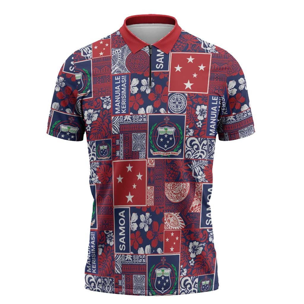 Red Samoa Manuia Le Kerisimasi Zipper Polo Shirt Pacific Patchwork Xmas Vibes - Polynesian Pride