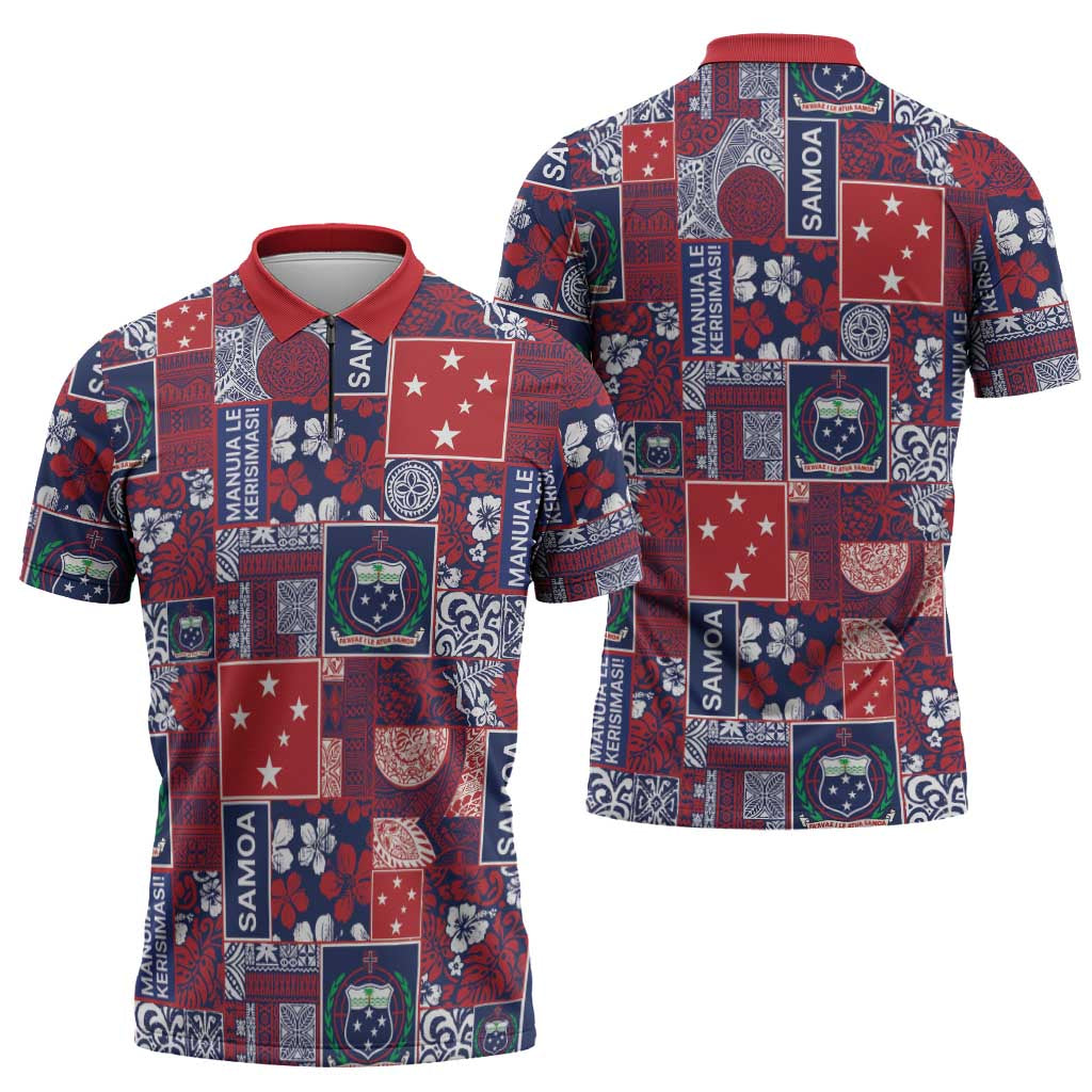 Red Samoa Manuia Le Kerisimasi Zipper Polo Shirt Pacific Patchwork Xmas Vibes - Polynesian Pride