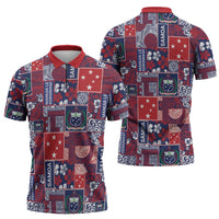 Red Samoa Manuia Le Kerisimasi Zipper Polo Shirt Pacific Patchwork Xmas Vibes - Polynesian Pride