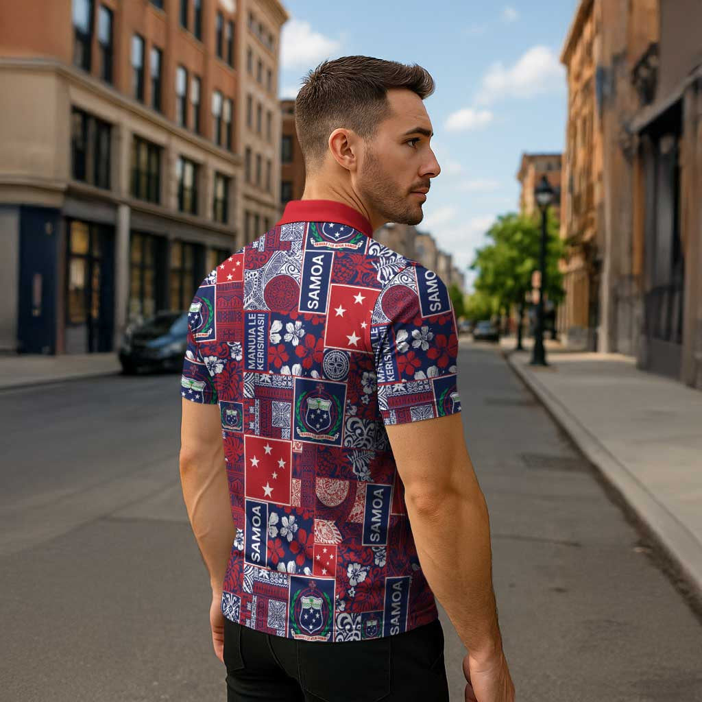 Red Samoa Manuia Le Kerisimasi Zipper Polo Shirt Pacific Patchwork Xmas Vibes - Polynesian Pride