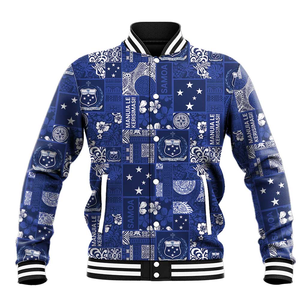 Blue Samoa Manuia Le Kerisimasi Baseball Jacket Pacific Patchwork Xmas Vibes LT9 Unisex Blue - Polynesian Pride