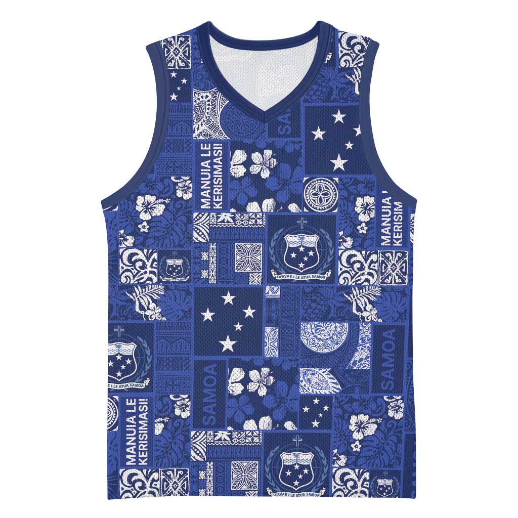 Blue Samoa Manuia Le Kerisimasi Basketball Jersey Pacific Patchwork Xmas Vibes LT9 Unisex Blue - Polynesian Pride