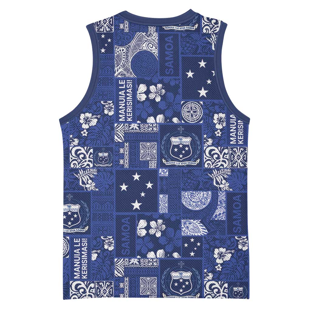 Blue Samoa Manuia Le Kerisimasi Basketball Jersey Pacific Patchwork Xmas Vibes LT9 - Polynesian Pride