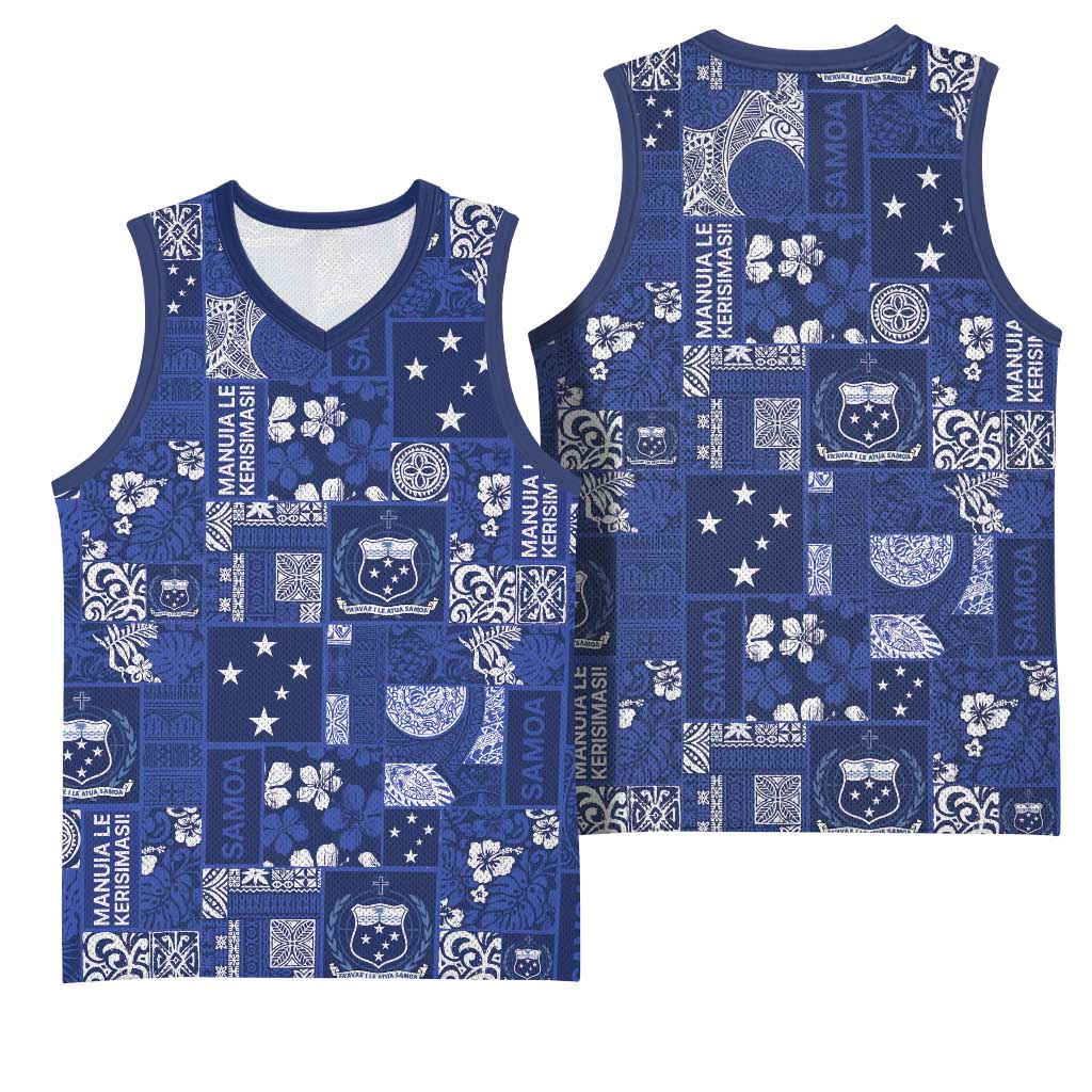 Blue Samoa Manuia Le Kerisimasi Basketball Jersey Pacific Patchwork Xmas Vibes LT9 - Polynesian Pride