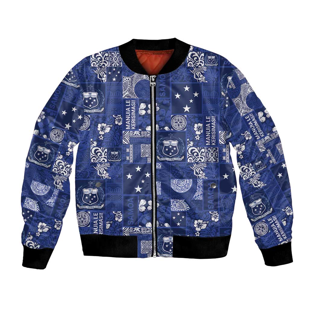 Blue Samoa Manuia Le Kerisimasi Bomber Jacket Pacific Patchwork Xmas Vibes LT9 Unisex Blue - Polynesian Pride