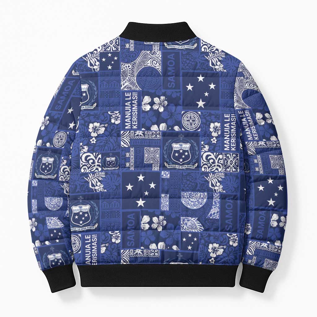 Blue Samoa Manuia Le Kerisimasi Bomber Puffer Jacket Pacific Patchwork Xmas Vibes LT9 - Polynesian Pride
