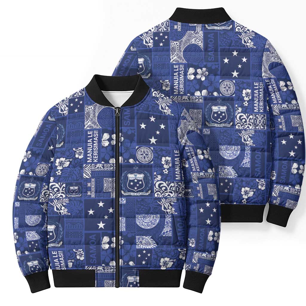 Blue Samoa Manuia Le Kerisimasi Bomber Puffer Jacket Pacific Patchwork Xmas Vibes LT9 - Polynesian Pride