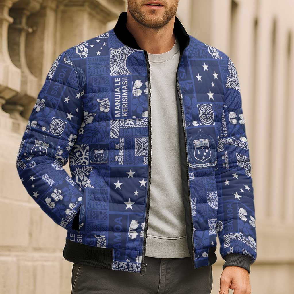 Blue Samoa Manuia Le Kerisimasi Bomber Puffer Jacket Pacific Patchwork Xmas Vibes LT9 - Polynesian Pride