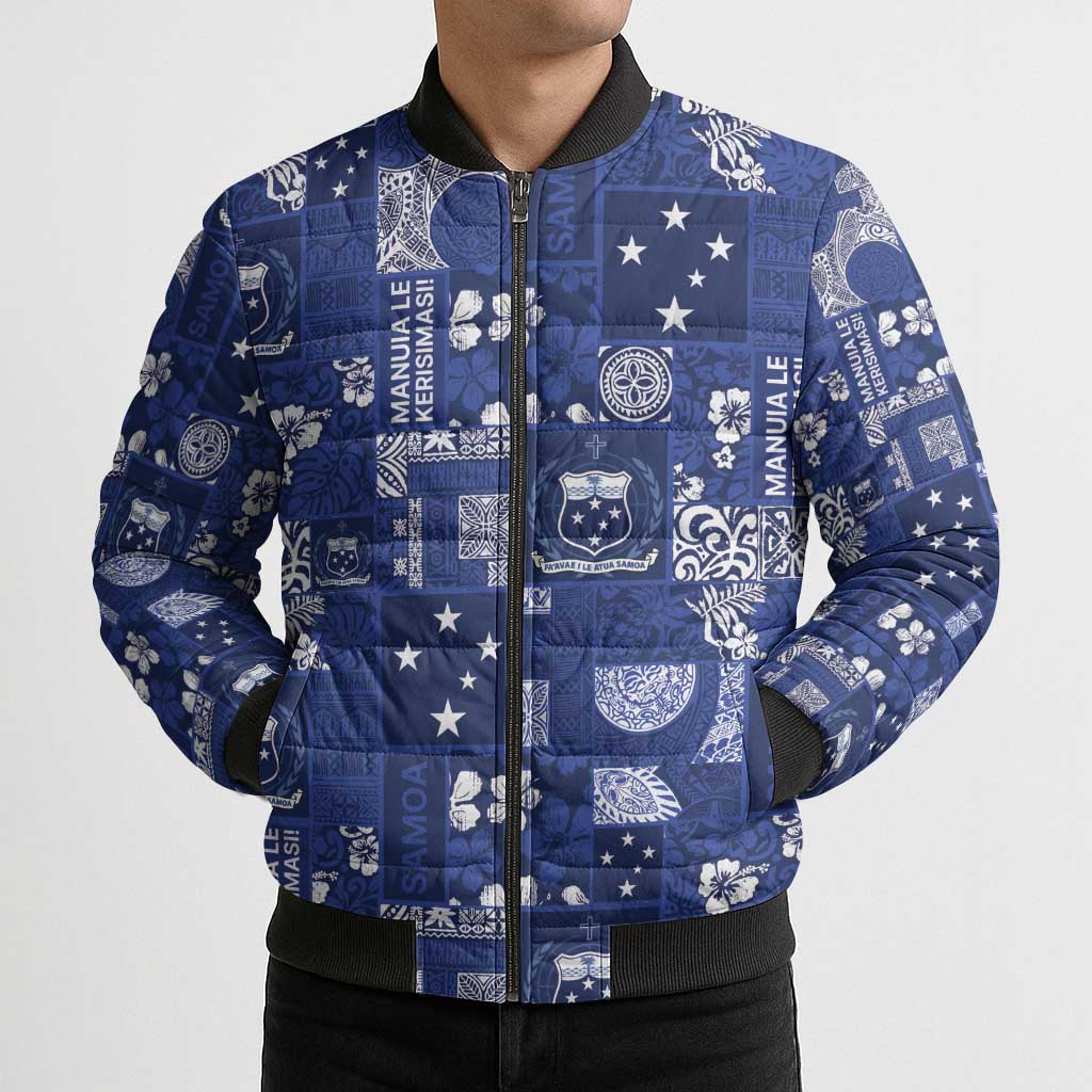 Blue Samoa Manuia Le Kerisimasi Bomber Puffer Jacket Pacific Patchwork Xmas Vibes LT9 - Polynesian Pride