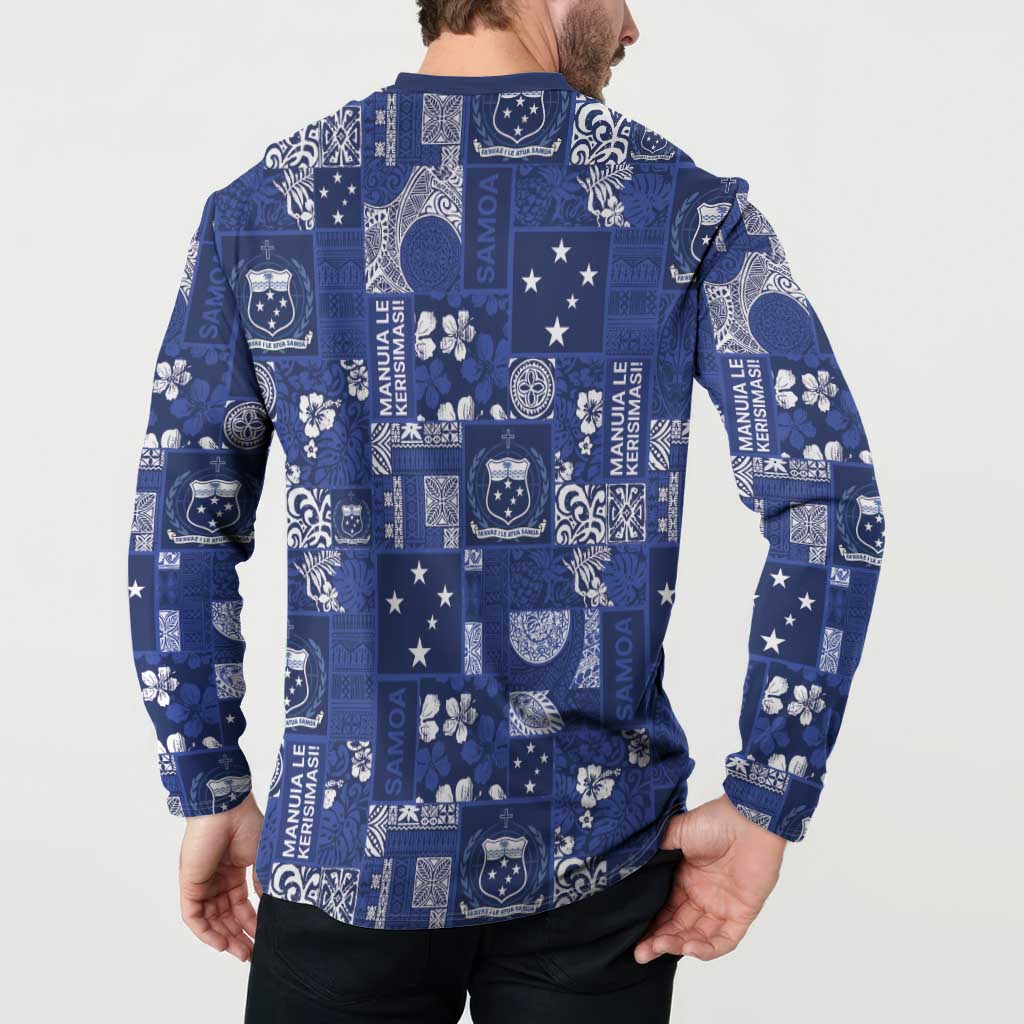 Blue Samoa Manuia Le Kerisimasi Button Sweatshirt Pacific Patchwork Xmas Vibes LT9 - Polynesian Pride