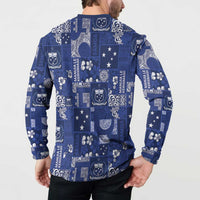 Blue Samoa Manuia Le Kerisimasi Button Sweatshirt Pacific Patchwork Xmas Vibes LT9 - Polynesian Pride