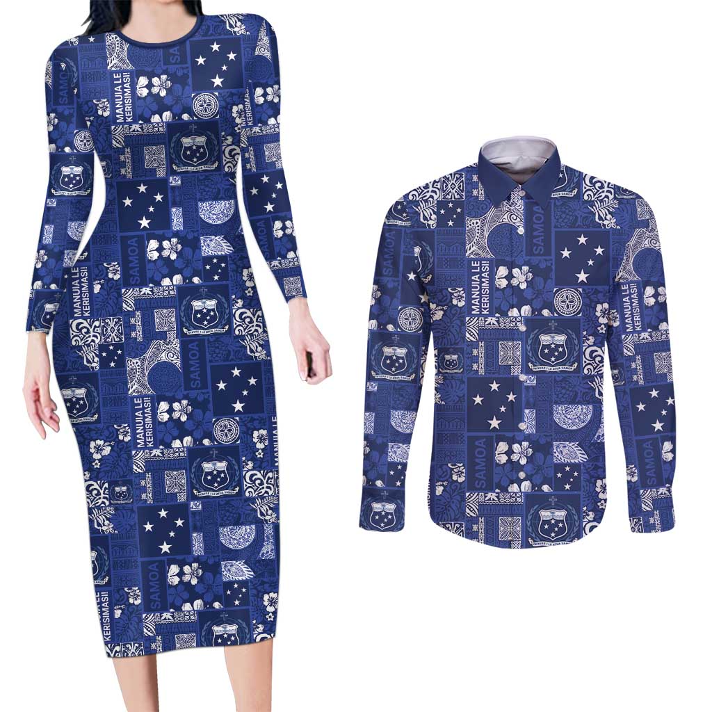 Blue Samoa Manuia Le Kerisimasi Couples Matching Long Sleeve Bodycon Dress and Long Sleeve Button Shirt Pacific Patchwork Xmas Vibes LT9 Blue - Polynesian Pride