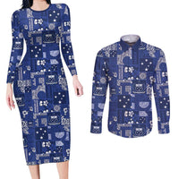 Blue Samoa Manuia Le Kerisimasi Couples Matching Long Sleeve Bodycon Dress and Long Sleeve Button Shirt Pacific Patchwork Xmas Vibes - Polynesian Pride