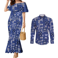 Blue Samoa Manuia Le Kerisimasi Couples Matching Mermaid Dress and Long Sleeve Button Shirt Pacific Patchwork Xmas Vibes LT9 Blue - Polynesian Pride