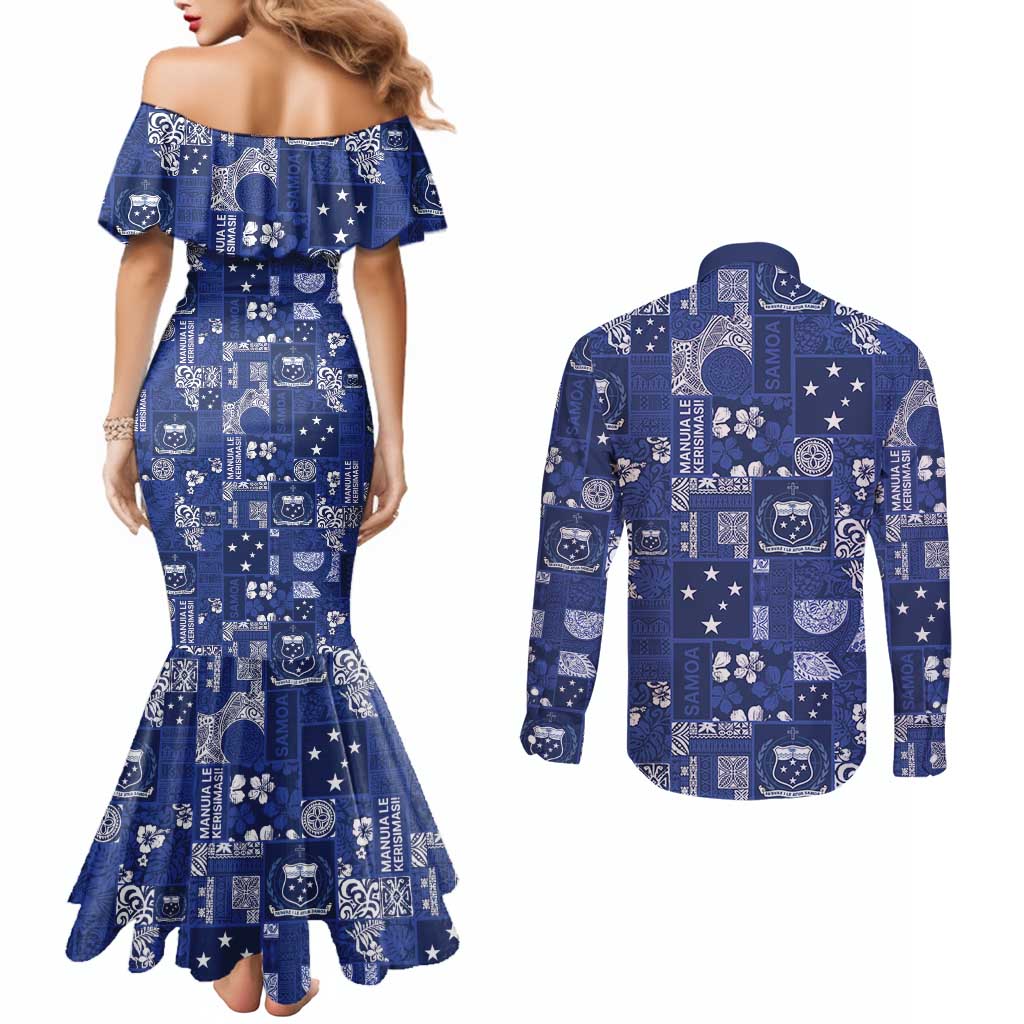 Blue Samoa Manuia Le Kerisimasi Couples Matching Mermaid Dress and Long Sleeve Button Shirt Pacific Patchwork Xmas Vibes LT9 - Polynesian Pride