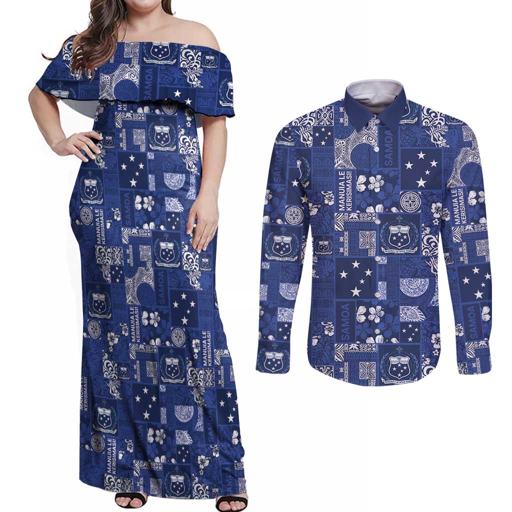 Blue Samoa Manuia Le Kerisimasi Couples Matching Off Shoulder Maxi Dress and Long Sleeve Button Shirt Pacific Patchwork Xmas Vibes LT9 Blue - Polynesian Pride