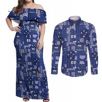 Blue Samoa Manuia Le Kerisimasi Couples Matching Off Shoulder Maxi Dress and Long Sleeve Button Shirt Pacific Patchwork Xmas Vibes LT9 Blue - Polynesian Pride