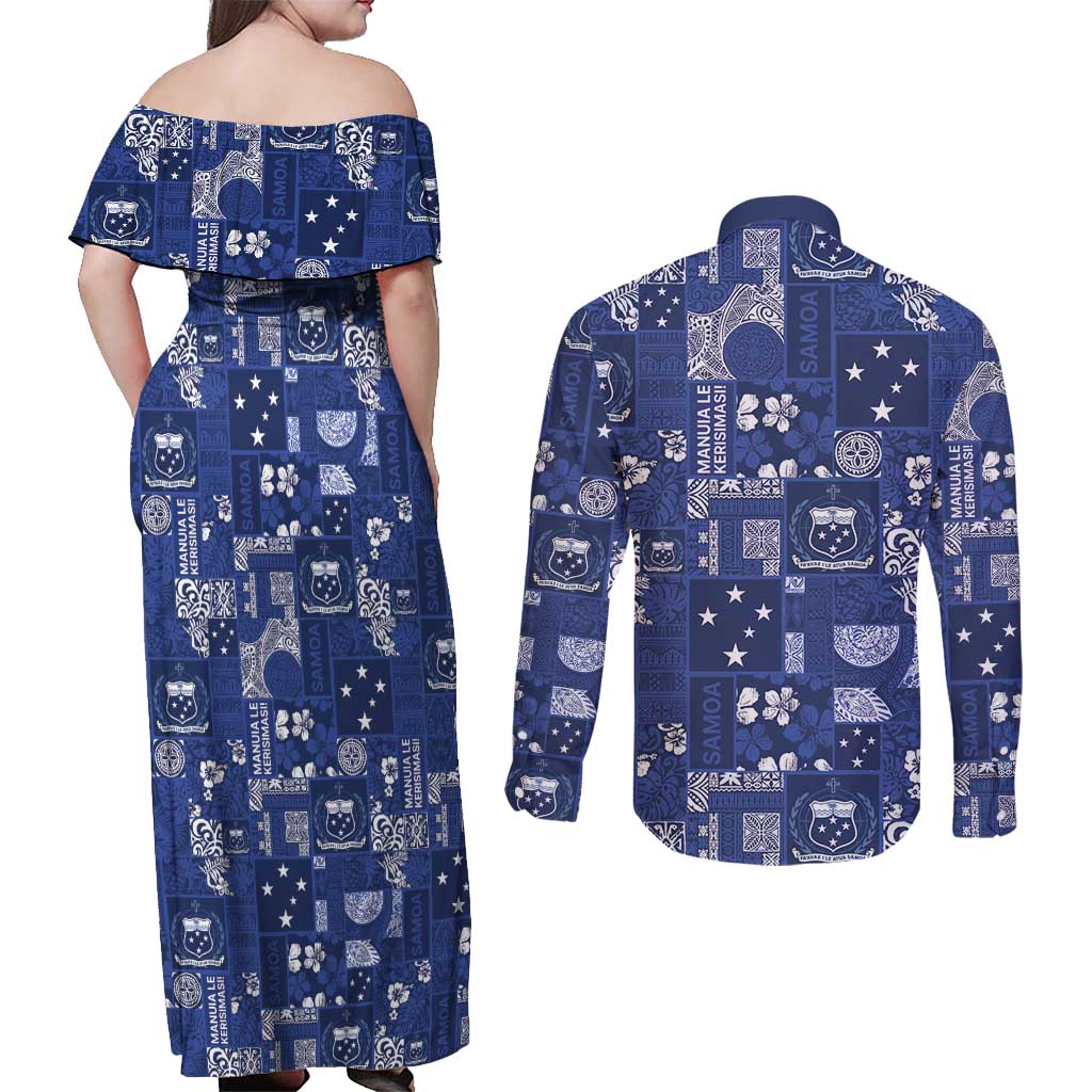 Blue Samoa Manuia Le Kerisimasi Couples Matching Off Shoulder Maxi Dress and Long Sleeve Button Shirt Pacific Patchwork Xmas Vibes LT9 - Polynesian Pride