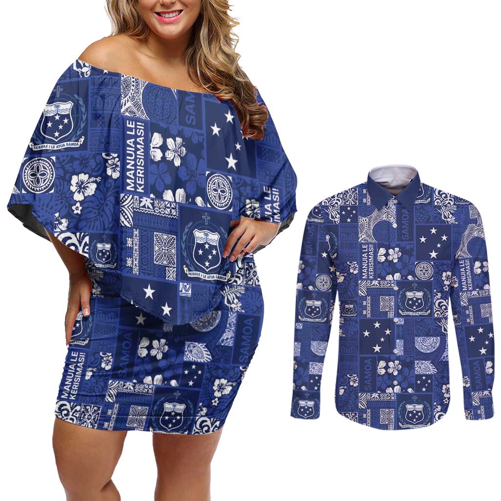 Blue Samoa Manuia Le Kerisimasi Couples Matching Off Shoulder Short Dress and Long Sleeve Button Shirt Pacific Patchwork Xmas Vibes LT9 Blue - Polynesian Pride