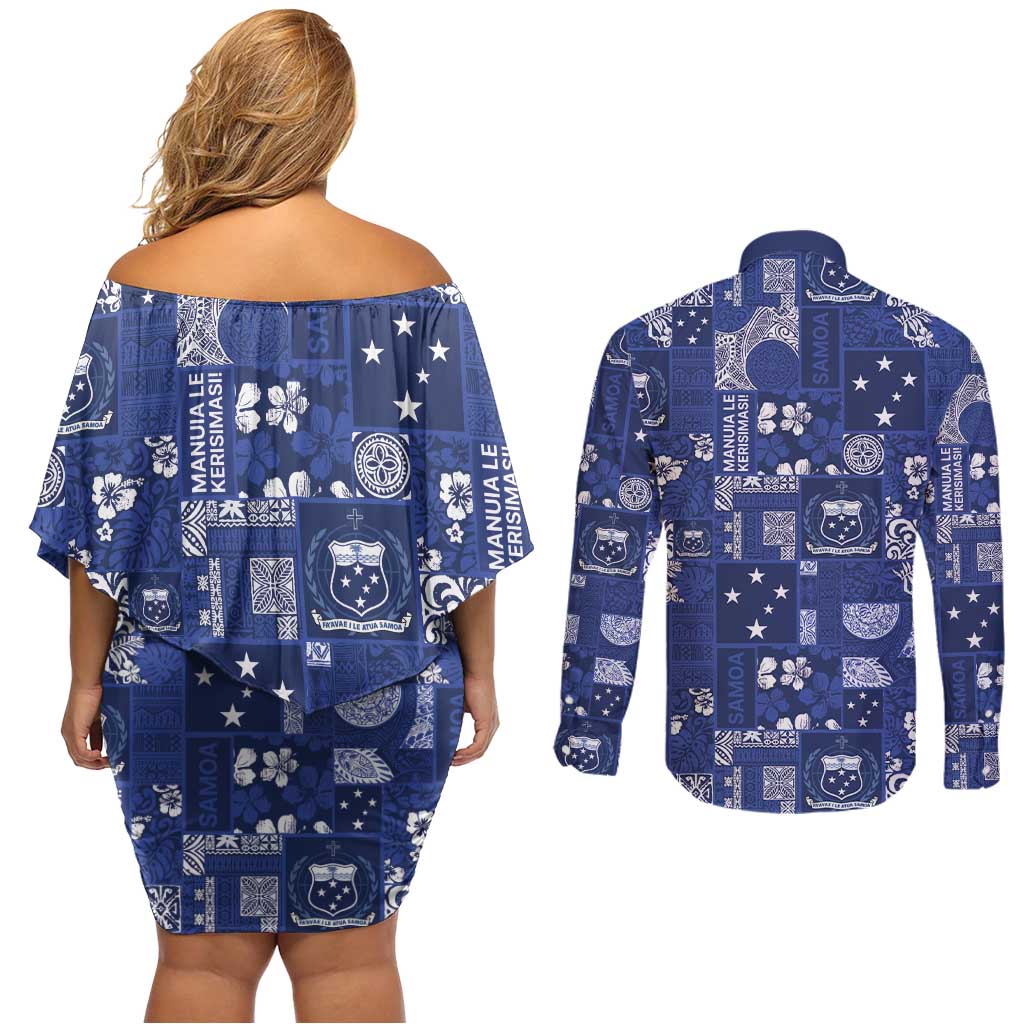 Blue Samoa Manuia Le Kerisimasi Couples Matching Off Shoulder Short Dress and Long Sleeve Button Shirt Pacific Patchwork Xmas Vibes LT9 - Polynesian Pride