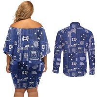 Blue Samoa Manuia Le Kerisimasi Couples Matching Off Shoulder Short Dress and Long Sleeve Button Shirt Pacific Patchwork Xmas Vibes LT9 - Polynesian Pride