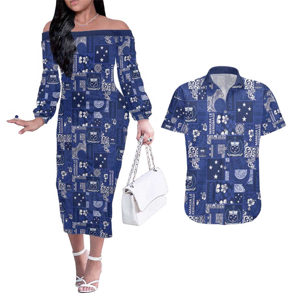 Blue Samoa Manuia Le Kerisimasi Couples Matching Off The Shoulder Long Sleeve Dress and Hawaiian Shirt Pacific Patchwork Xmas Vibes - Polynesian Pride