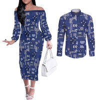 Blue Samoa Manuia Le Kerisimasi Couples Matching Off The Shoulder Long Sleeve Dress and Long Sleeve Button Shirt Pacific Patchwork Xmas Vibes LT9 Blue - Polynesian Pride