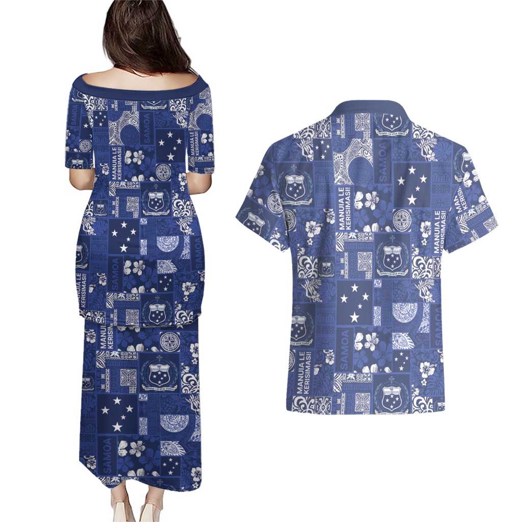 Blue Samoa Manuia Le Kerisimasi Couples Matching Puletasi and Hawaiian Shirt Pacific Patchwork Xmas Vibes LT9 - Polynesian Pride