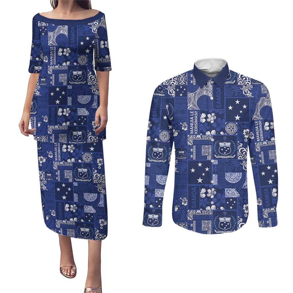 Blue Samoa Manuia Le Kerisimasi Couples Matching Puletasi and Long Sleeve Button Shirt Pacific Patchwork Xmas Vibes LT9 Blue - Polynesian Pride