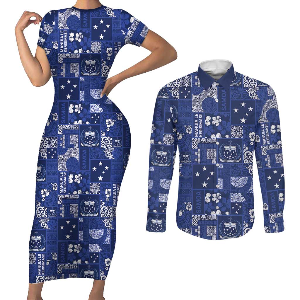 Blue Samoa Manuia Le Kerisimasi Couples Matching Short Sleeve Bodycon Dress and Long Sleeve Button Shirt Pacific Patchwork Xmas Vibes LT9 Blue - Polynesian Pride