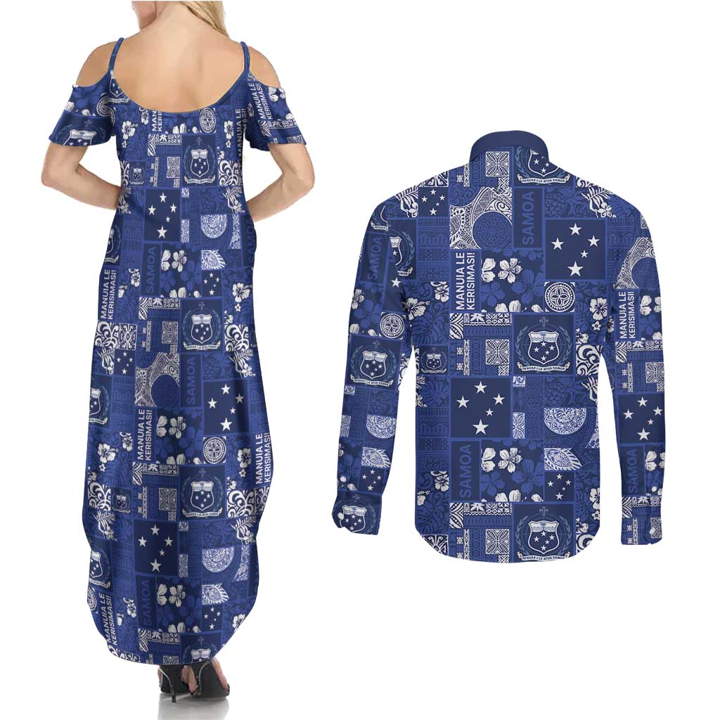 Blue Samoa Manuia Le Kerisimasi Couples Matching Summer Maxi Dress and Long Sleeve Button Shirt Pacific Patchwork Xmas Vibes LT9 - Polynesian Pride